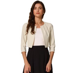 3/4 Sleeve Shrug Top Collarless Pleated Open Front Cropped Cardigan Apricot